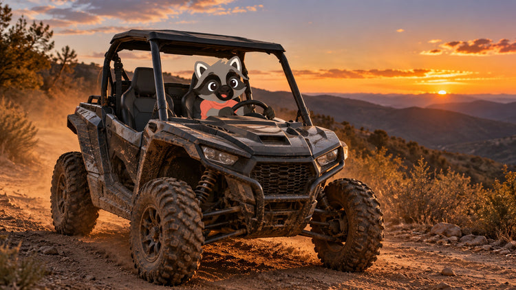 The Nifty Gift raccoon driving a muddy side-by-side on a dirt trail at sunset