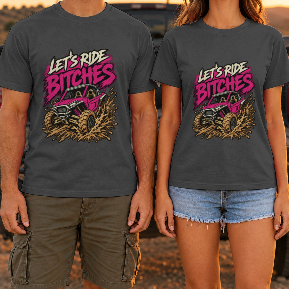Let's Ride Bitches t-shirt in Dark Heather, worn by a couple at a truck tailgate