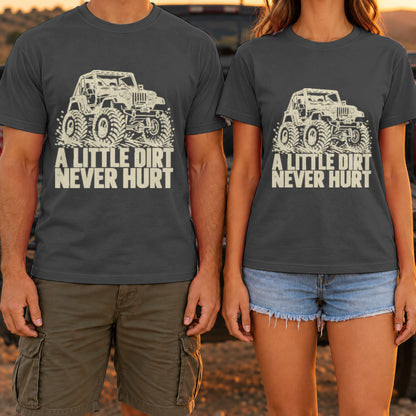 A Little Dirt Never Hurt t-shirt in Dark Heather, worn by a couple at a truck tailgate