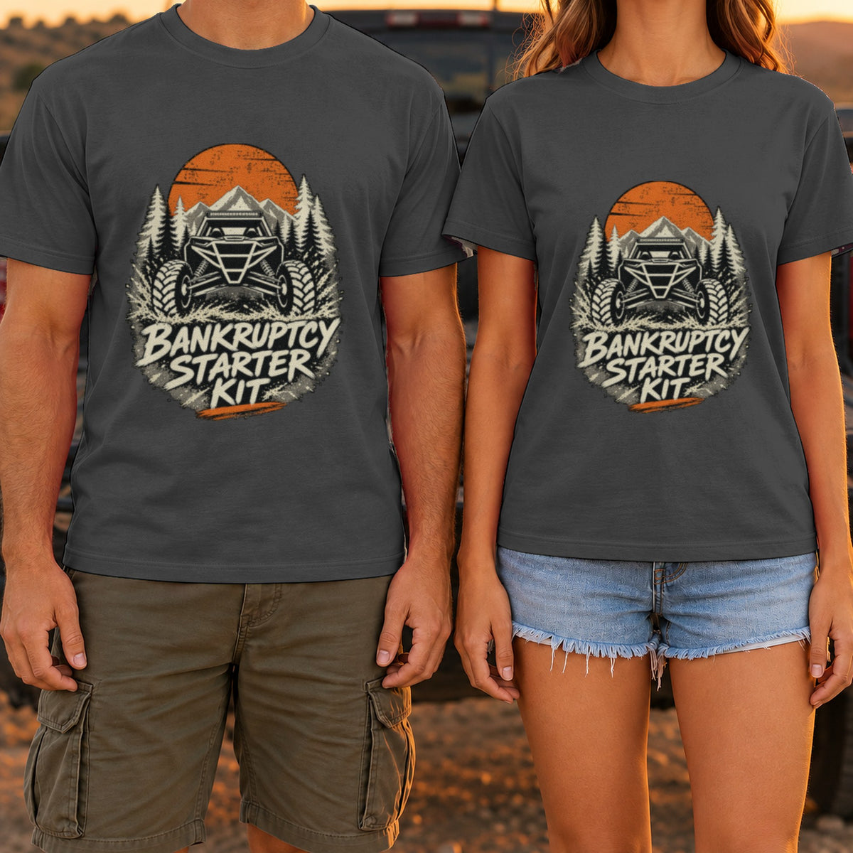 Bankruptcy Starter Kit t-shirt in Dark Heather, worn by a couple at a truck tailgate
