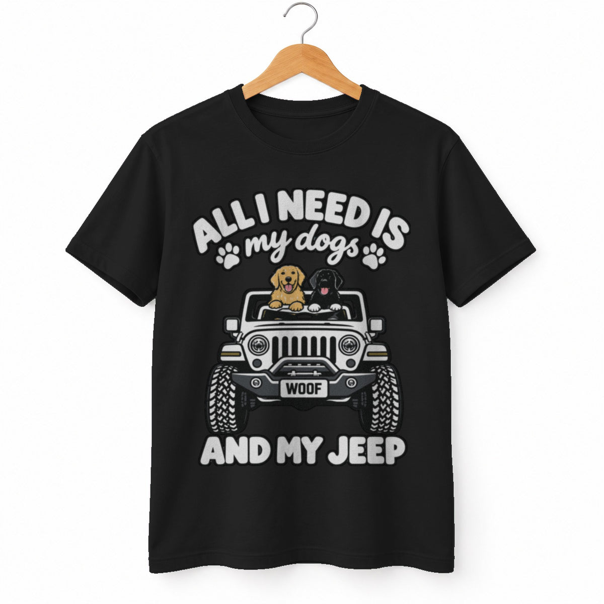 All I Need Is My Dogs and My 4x4 t-shirt in Black, on a hanger, white background