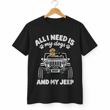 All I Need Is My Dogs and My 4x4 t-shirt in Black, on a hanger, white background
