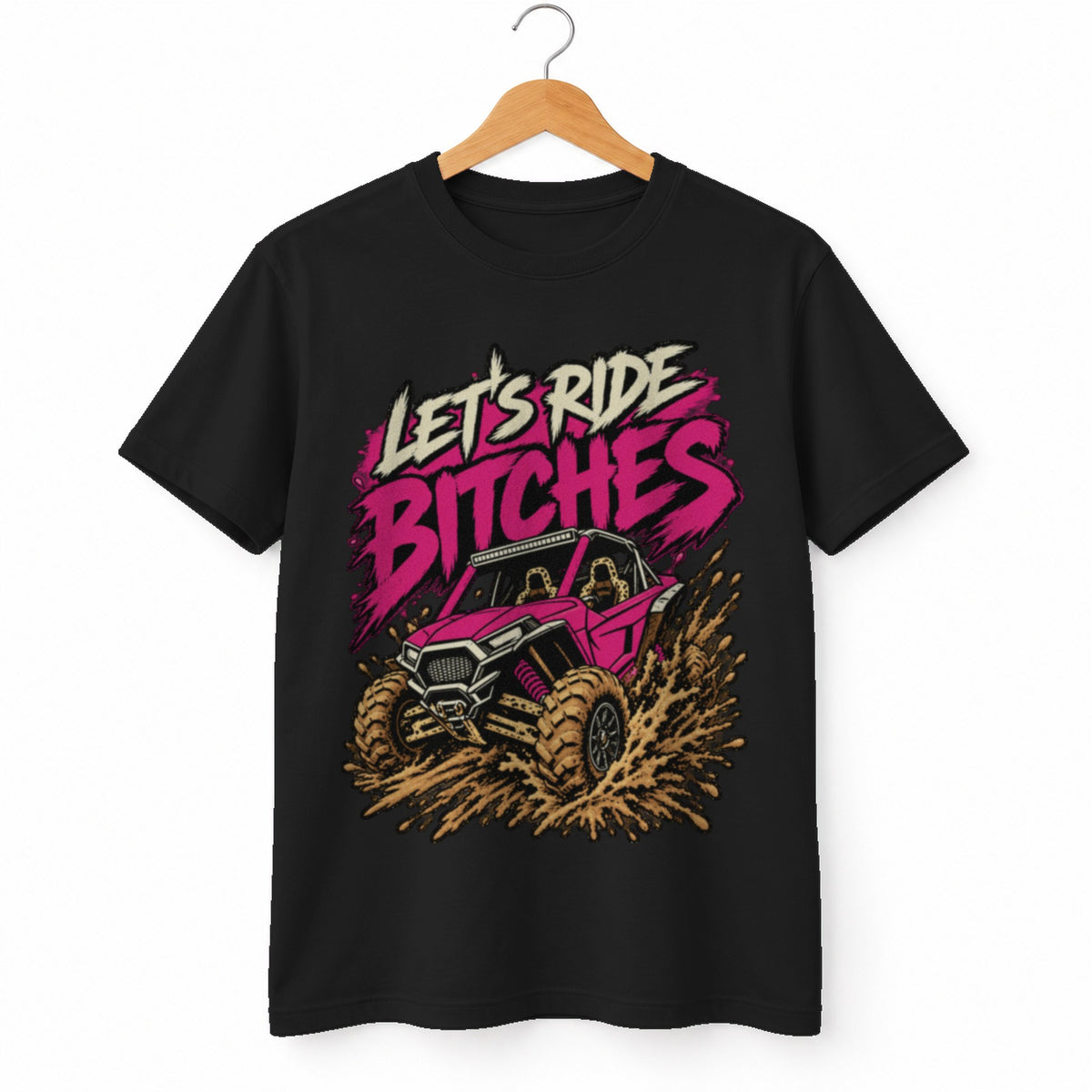 Let's Ride Bitches t-shirt in Black, on a hanger, white background