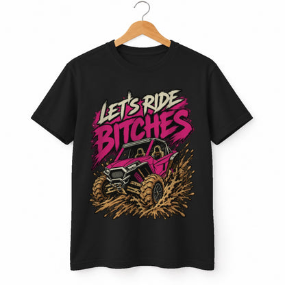 Let's Ride Bitches t-shirt in Black, on a hanger, white background