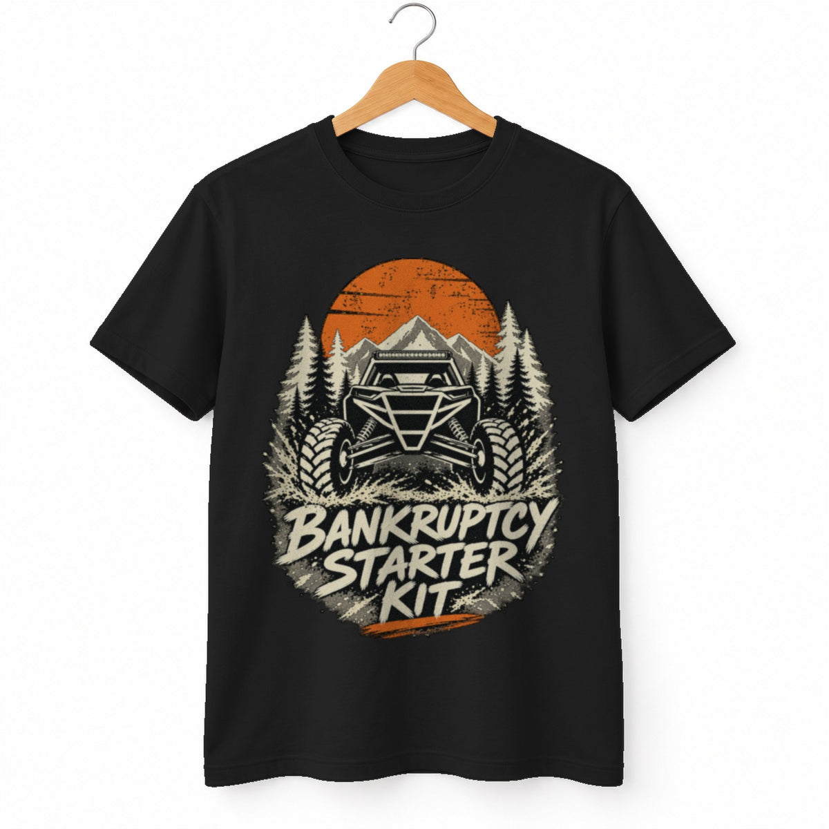 Bankruptcy Starter Kit t-shirt in Black, on a hanger, white background