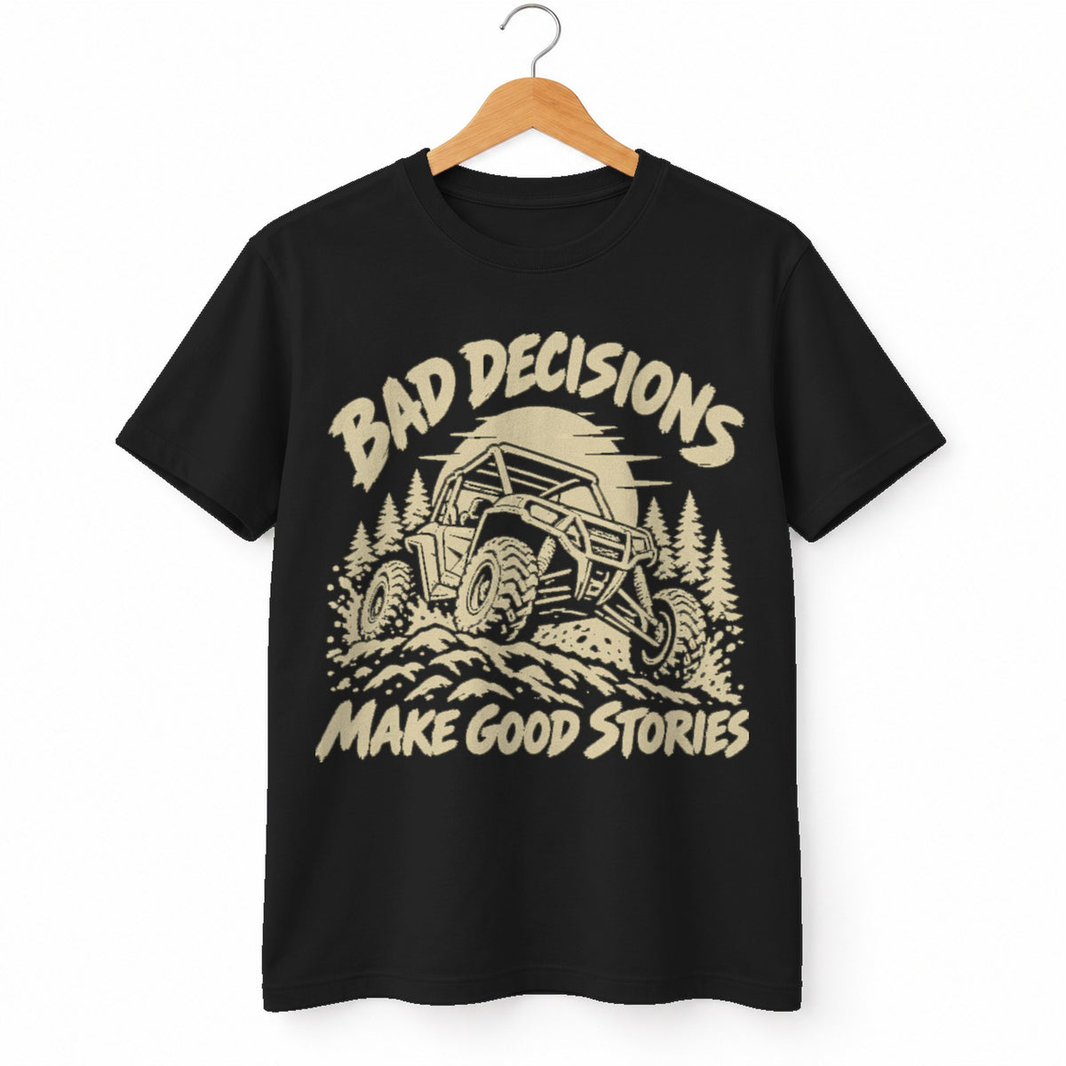 Bad Decisions Make Good Stories t-shirt in Black, on a hanger, white background